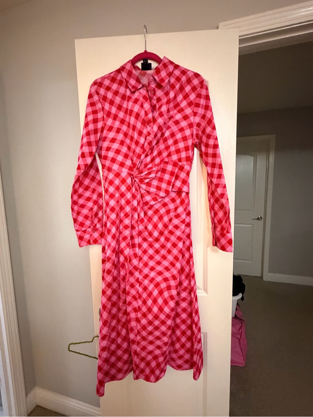 Women's Red Check Twist-Waist Long Sleeve Dress